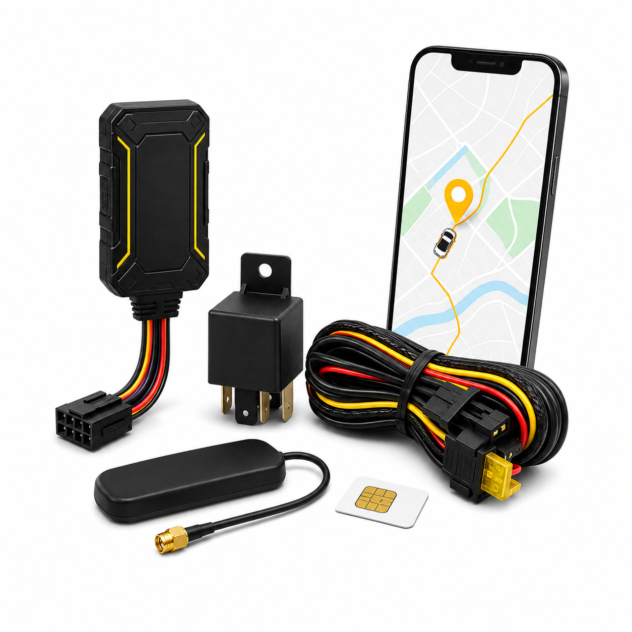 Kit de rastreador veicular com cabos, relé e celular